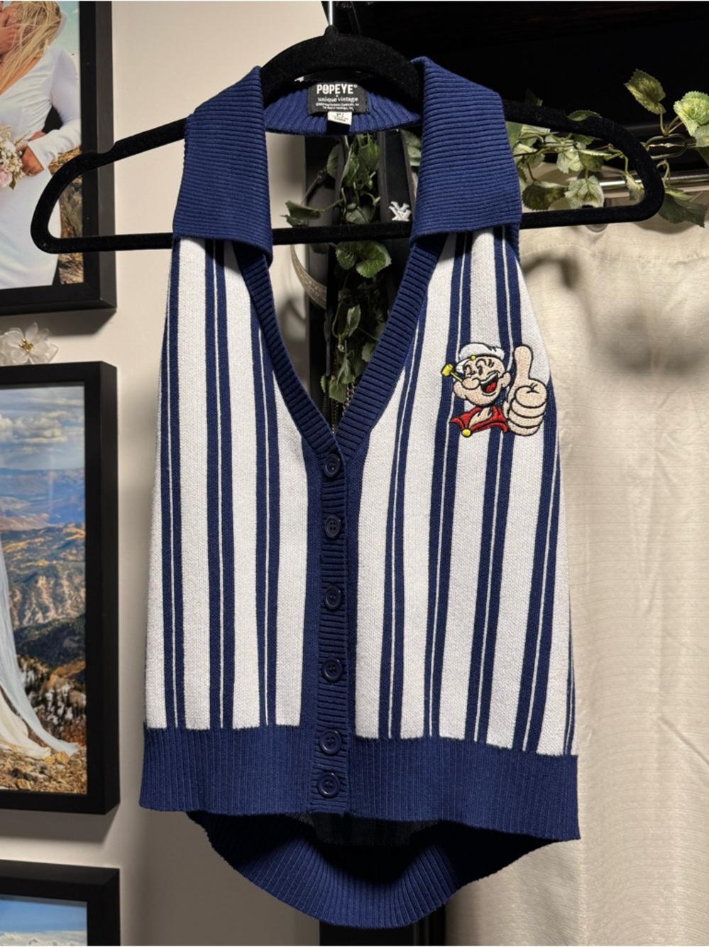 Popeye x Unique Vintage Blue/White Striped Halter Top ⚓️ | Rare Collab | Size M - Picture 2 of 7